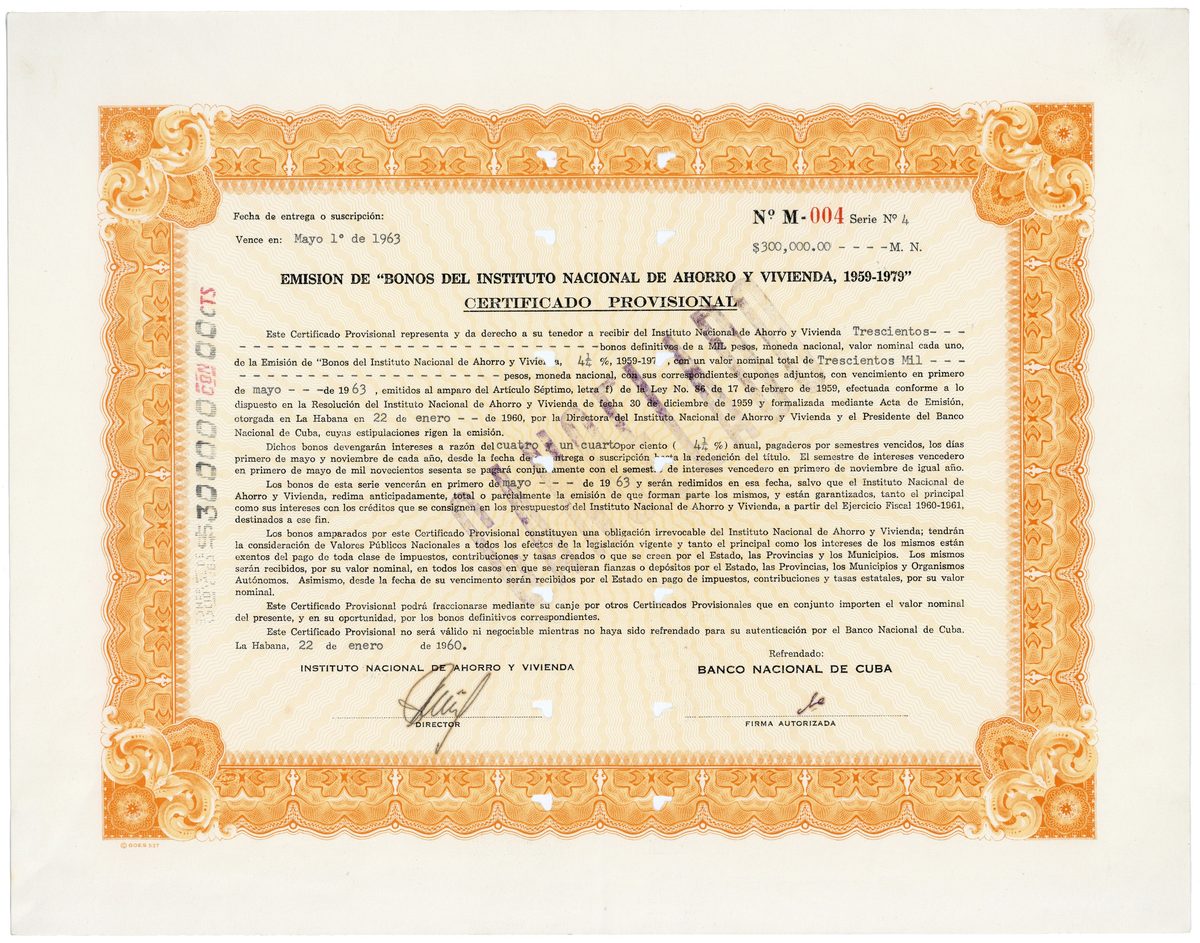Título do Banco Nacional de Cuba de 1960 com a assinatura 'Che'.