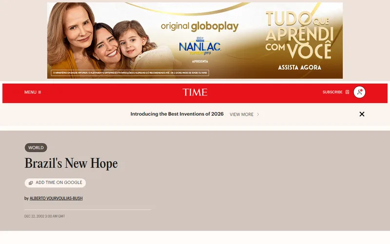 Topo da página da matéria "Brazil's New Hope", em TIME