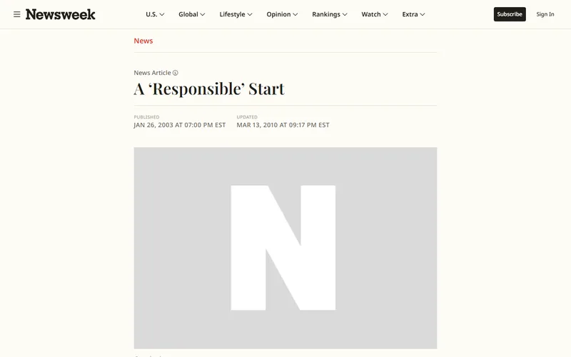 Topo da página da matéria "A 'Responsible' Start", em Newsweek