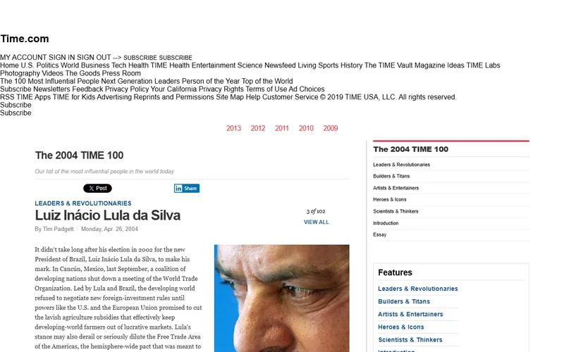 Topo da página da matéria "Luiz Inácio Lula da Silva", em TIME