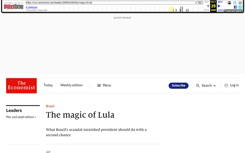 Topo da página da matéria "The magic of Lula", em The Economist