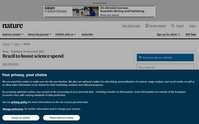 Topo da página da matéria "Brazil to boost science spend", em Nature