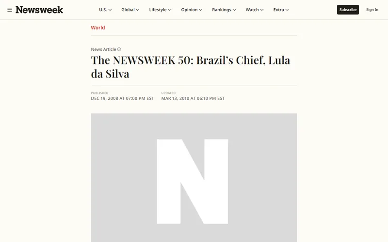 Topo da página da matéria "The NEWSWEEK 50: Brazil's Chief, Lula da Silva", em Newsweek