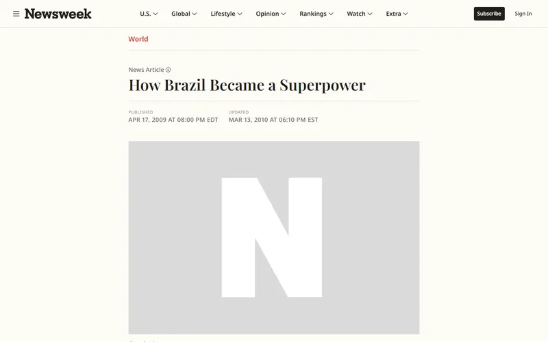 Topo da página da matéria "How Brazil Became a Superpower", em Newsweek