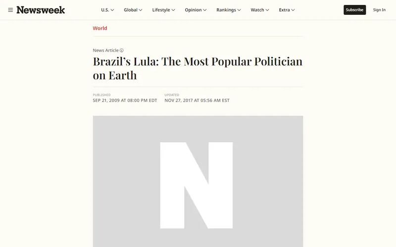 Topo da página da matéria "Brazil's Lula: The Most Popular Politician on Earth", em Newsweek