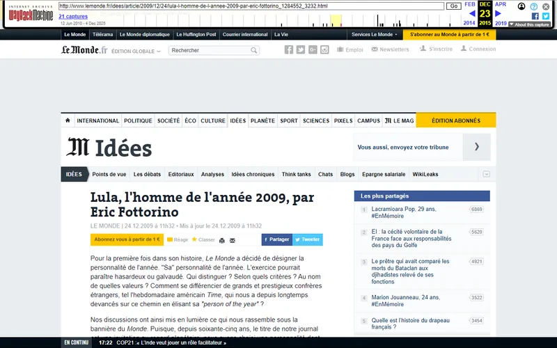 Topo da página da matéria "Lula, l'homme de l'année 2009, par Eric Fottorino", em Le Monde