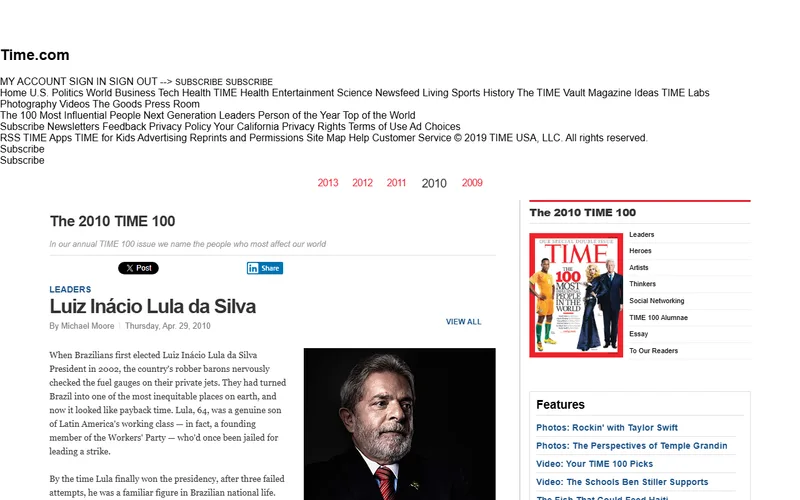 Topo da página da matéria "Luiz Inácio Lula da Silva", em TIME