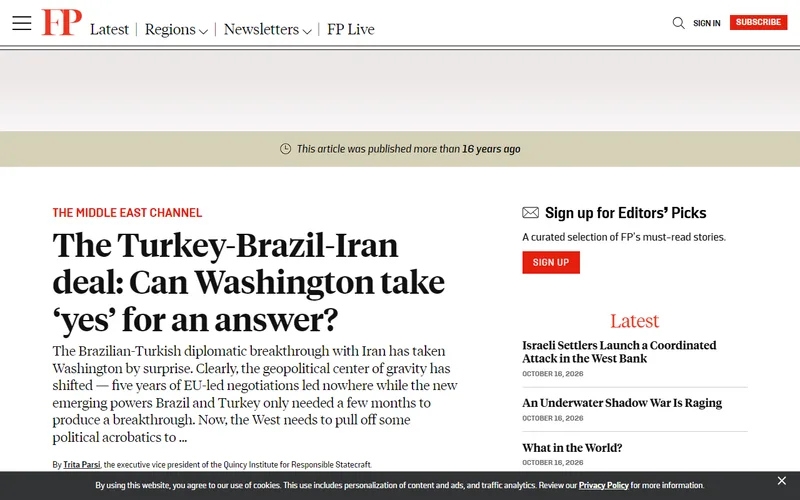 Topo da página da matéria "The Turkey-Brazil-Iran deal: Can Washington take ‘yes’ for an answer?", em Foreign Policy