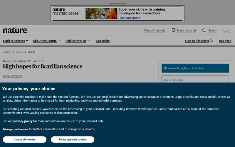 Topo da página da matéria "High hopes for Brazilian science", em Nature