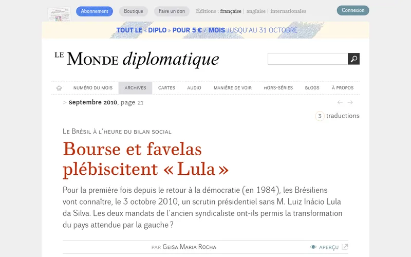 Topo da página da matéria "Bourse et favelas plébiscitent « Lula »", em Le Monde diplomatique