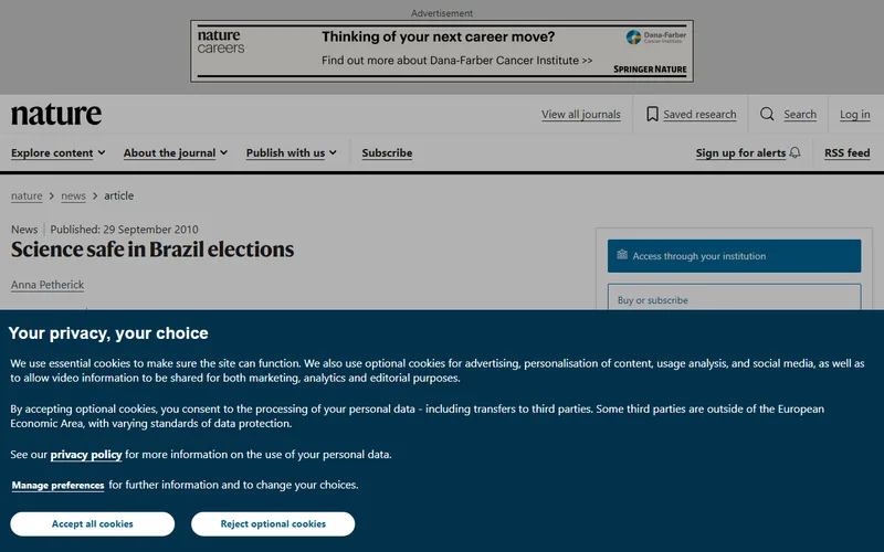 Topo da página da matéria "Science safe in Brazil elections", em Nature