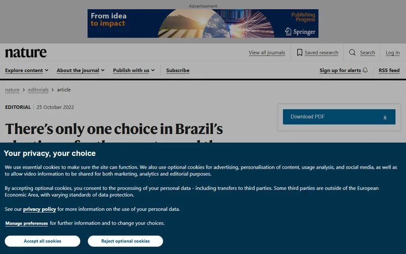 Topo da página da matéria "There’s only one choice in Brazil’s election — for the country and the world", em Nature