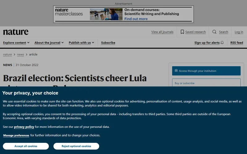 Topo da página da matéria "Brazil election: Scientists cheer Lula victory over Bolsonaro", em Nature