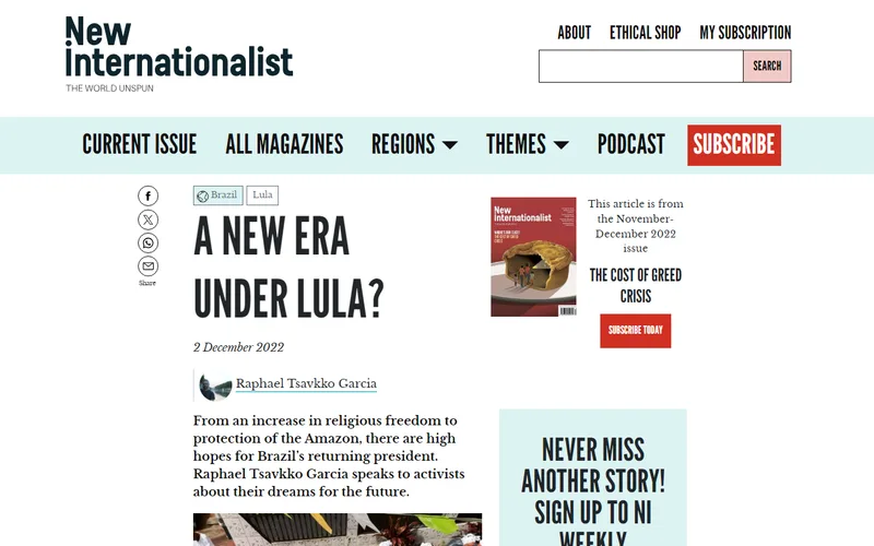 Topo da página da matéria "A new era under Lula?", em New Internationalist