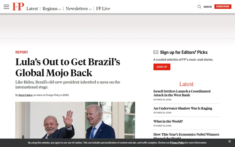 Topo da página da matéria "Lula’s Out to Get Brazil’s Global Mojo Back", em Foreign Policy