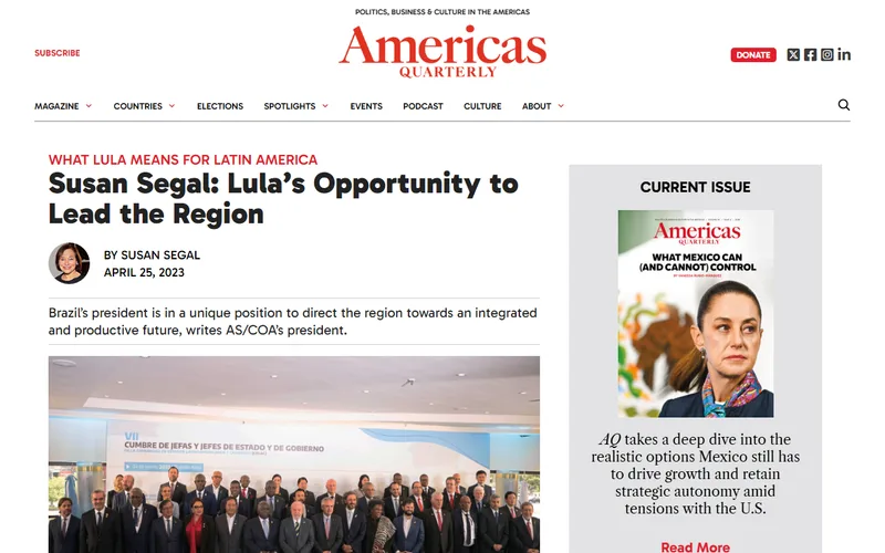 Topo da página da matéria "Susan Segal: Lula’s Opportunity to Lead the Region", em Americas Quarterly
