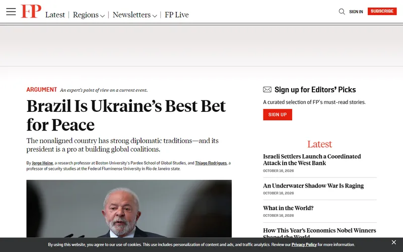 Topo da página da matéria "Why Brazil's Lula Should Mediate an End to Russia’s War in Ukraine", em Foreign Policy